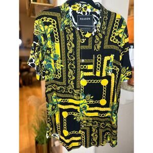 REASON Men's Floral and Chains Button-up T-shirt Large